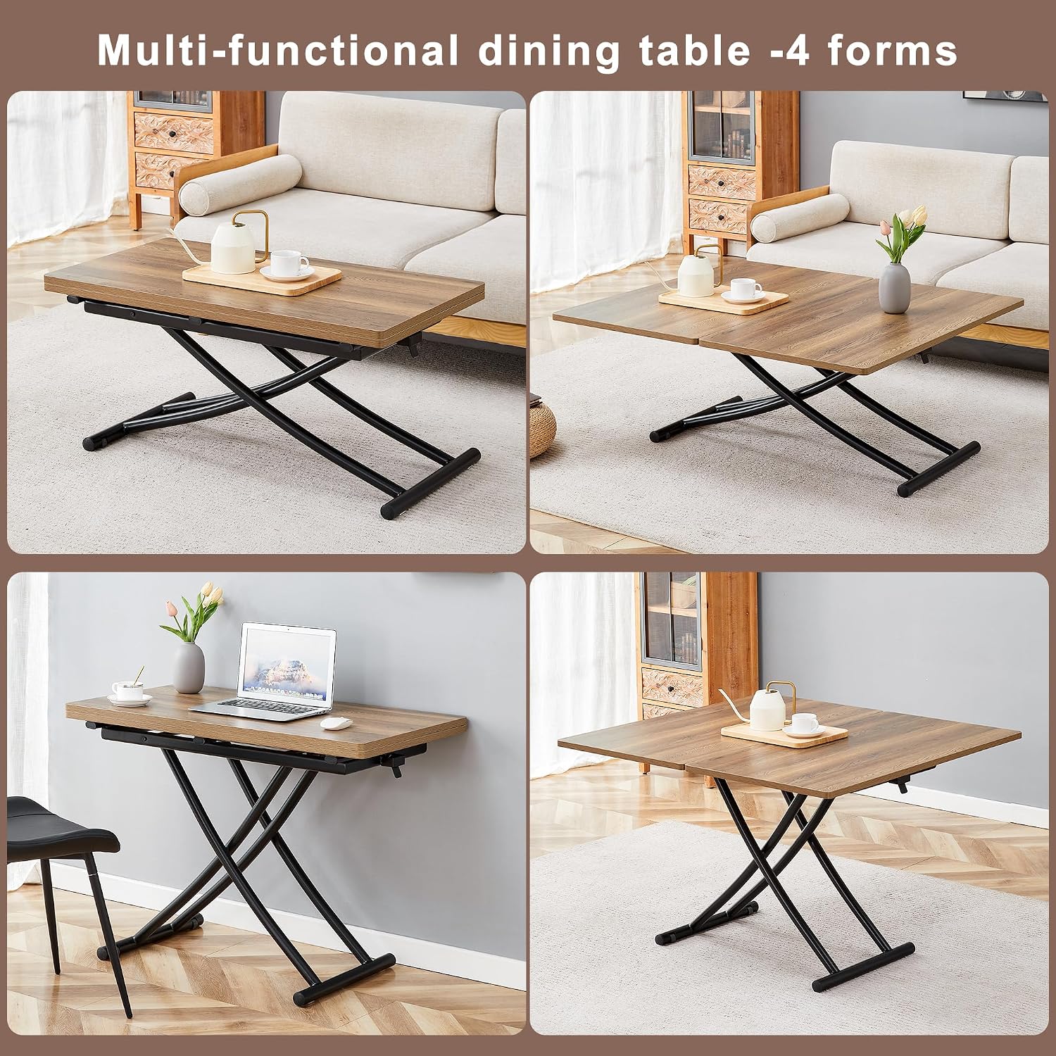 Multifunctional Folding Table - Lift Top Coffee to Dining Table, Height Adjustable, Wooden Surface & Metal Legs, Modern for Small Spaces (Living/Dining/Kitchen) (Wooden)