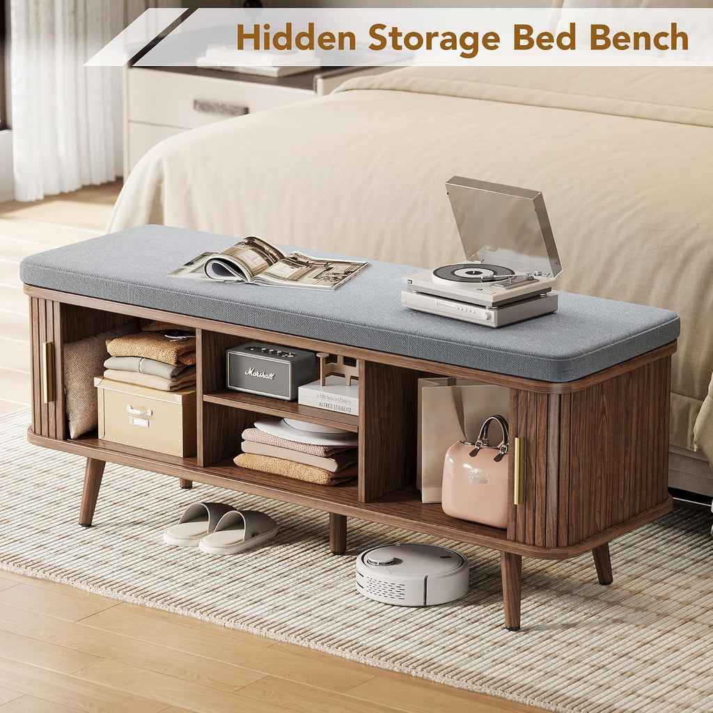 Decofy Shoe Storage Bench with Cushion and Sliding Doors, 47.2 Inch Shoe Bench with Storage, Freestanding Entryway Bench with Shoe Storage, with Solid Wood Legs, for Hallway & Entrance Hall, Walnut