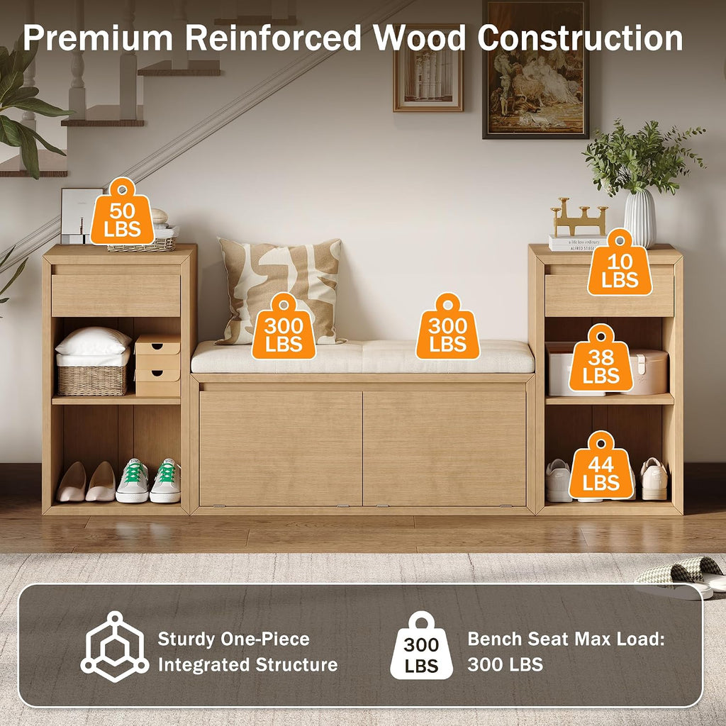Entryway Bench with Shoe Storage, Solid Wood Shoe Bench with Cushion and Drawers, Open Shelves, Storage Bench for Entry Way, Living Room, Hallway, Natural Wood