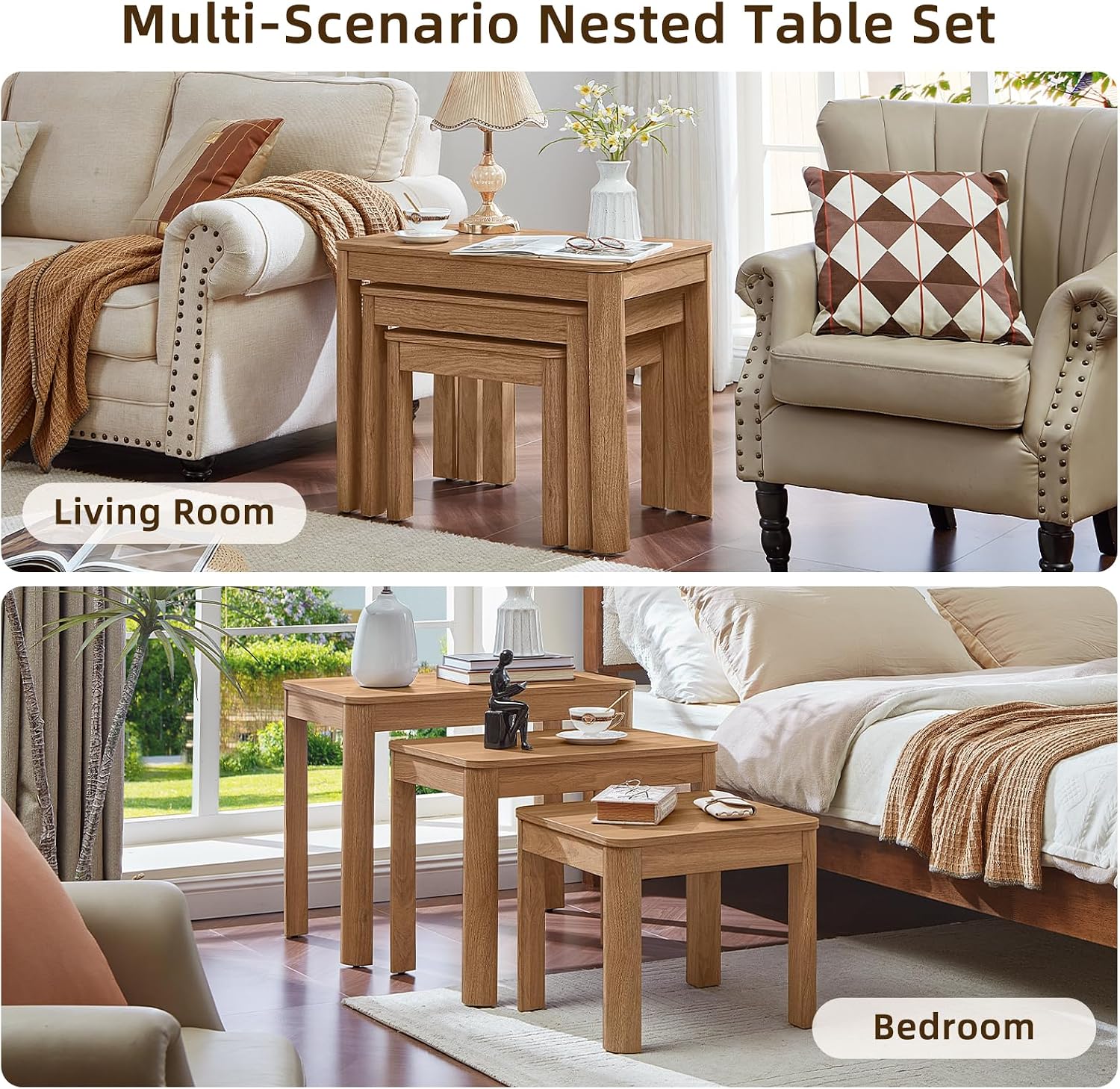 Joaxswe Farmhouse Nesting Tables Set of 3, Brown | Nesting Side Tables with Rounded Corners & 4 Thickened Table Legs & Foldable