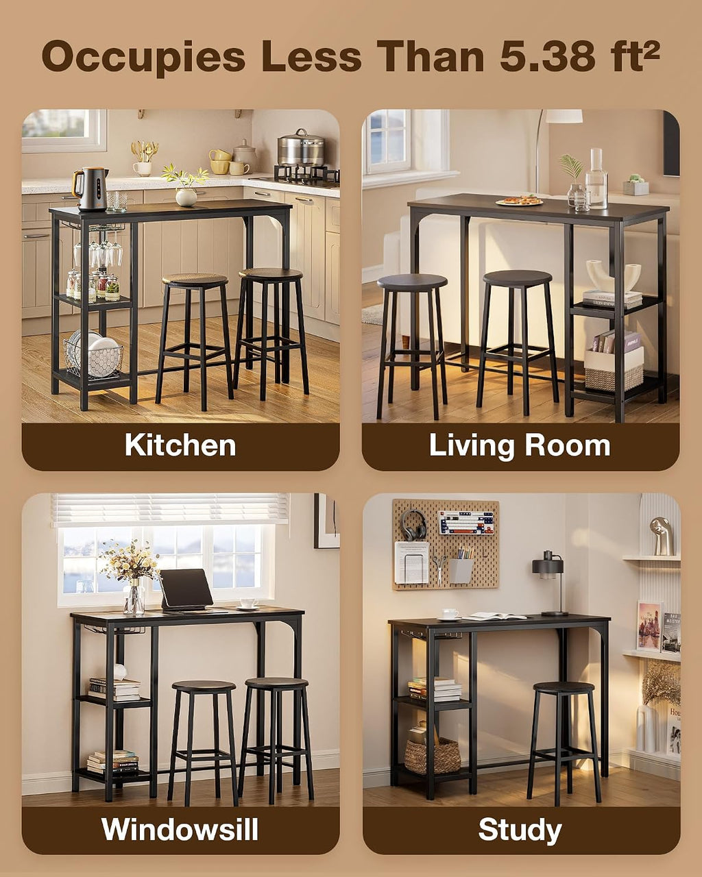 Qsun Small Bar Table Set for 2 | Kitchen Table for 2 with 2 Storage Shelves & Wine Glass Holder, Dining Table for Small Apartment, Dining Room