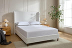 Queen Size Upholstered Bed Frame, 54" High Headboard Carmen Wingback Bed Frames, Tall Headboard Floor Platform Beds, No Box Spring Needed No Noise, Simplicity Minimalist, Cream White