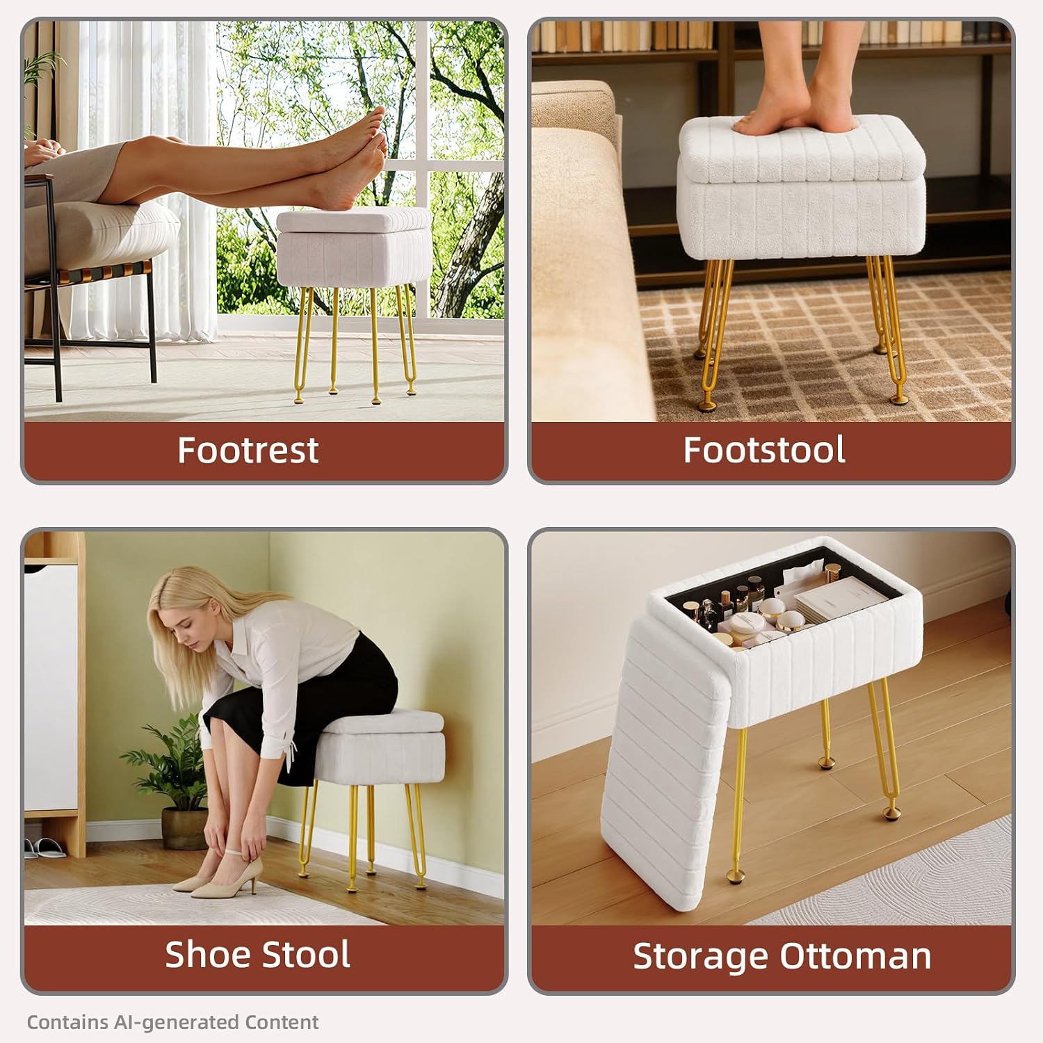 Somdot Vanity Stool Chair with Storage, Cute Furry Padded Seat, Makeup Stool, Footrest Footstool Ottoman, Metal Legs, Adjustable Feet for Living Room, Bedroom, Makeup Room, White