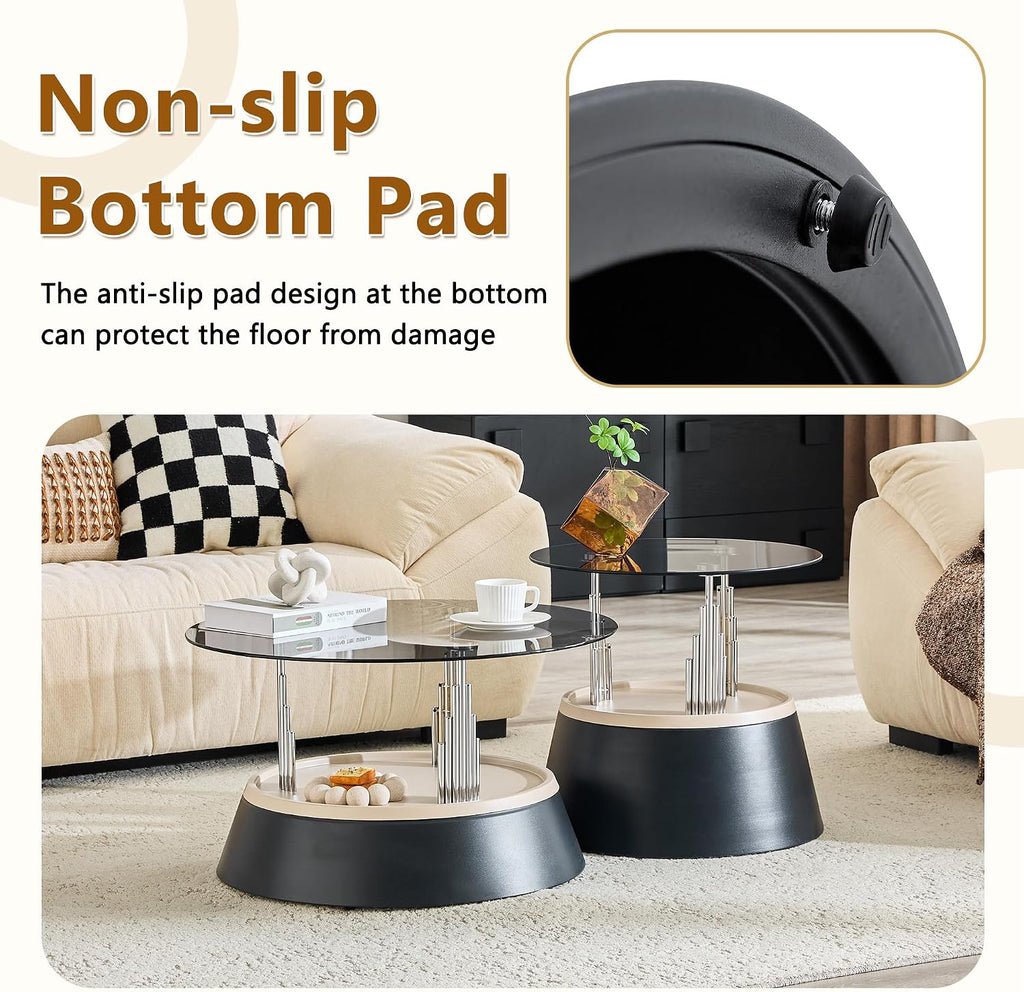 Nesting Coffee Table Set of 2, Modern Round Tempered Glass Center Table | Modern Tempered Glass Side Tea Table with Heavy Duty Metal Disc Base for Small Apartment Space Saving Furniture Décor, Black