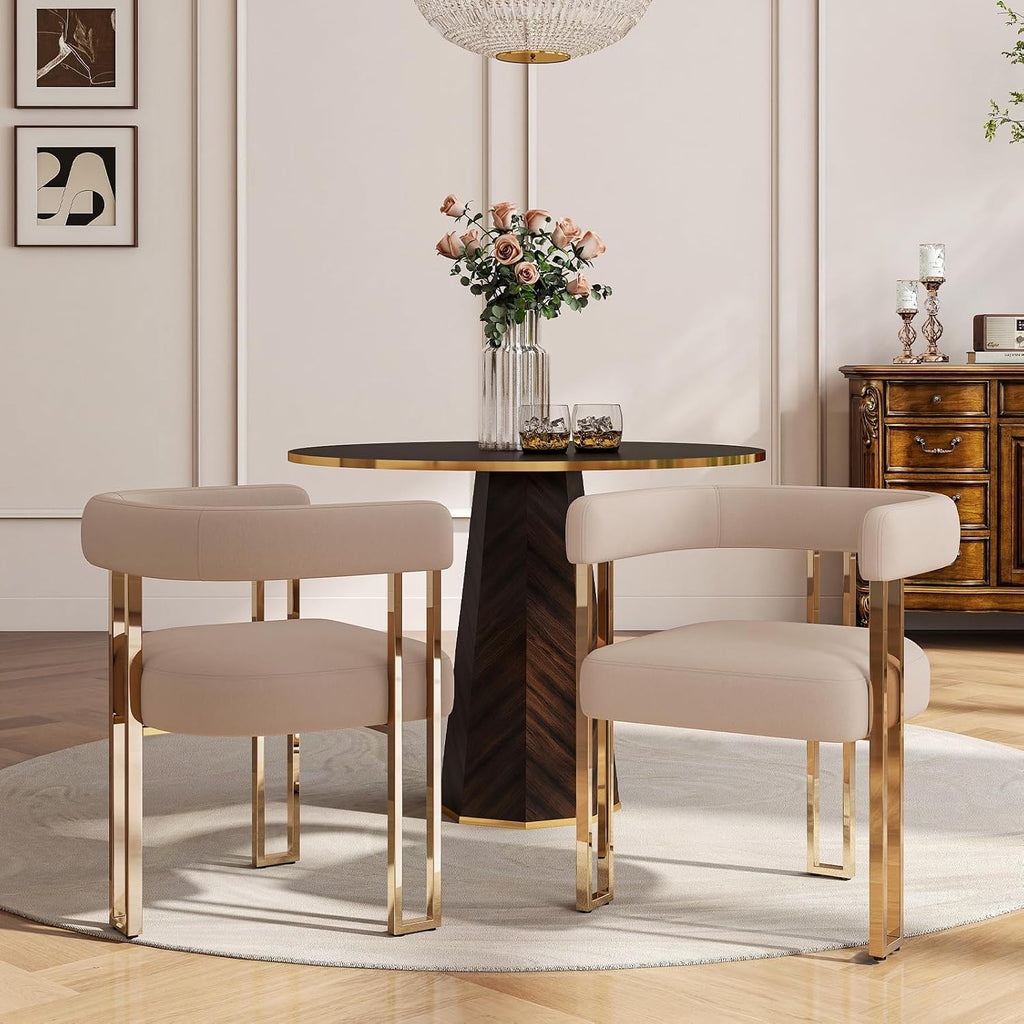 Khaki Velvet Barrel Dining Chairs Set of 2, Modern Upholstered Dining Room Chairs with Gold Metal Legs&Armrest, Boucle Dining Chair Kitchen Chair for Restaurant Banquet