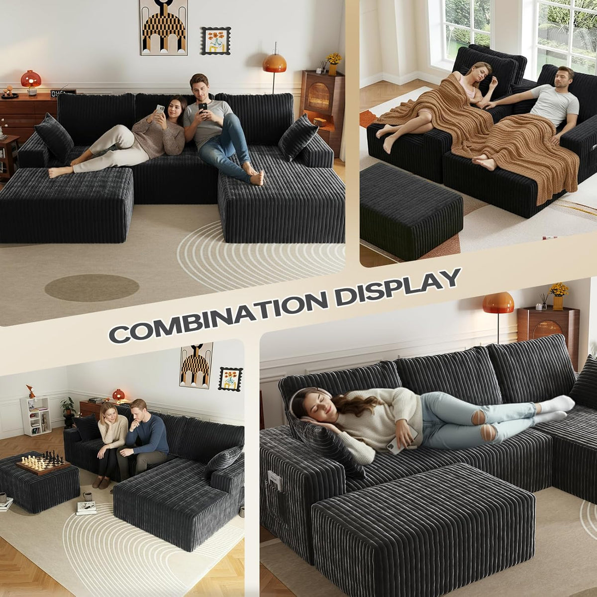 108" U-Shape Modular Sectional Cloud Couch with Ottoman, Deep Seat Couch with Oversized Chaise Lounge, Comfy Flannel Fabric Sofa for Living Room Bedroom Apartment Game Room Basement
