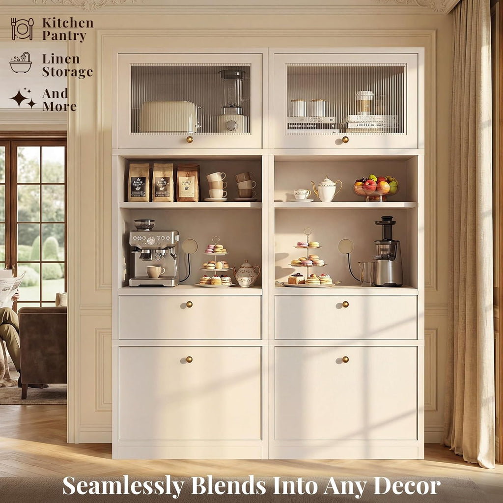 71''Tall Kitchen Pantry Cabinet with Oversized Microwave Shelf & Coffee Station-Tall Extra Deep Storage Hutch, Fluted Acrylic Doors,Adjustable Shelves,Drawers, Anti-Tip,White