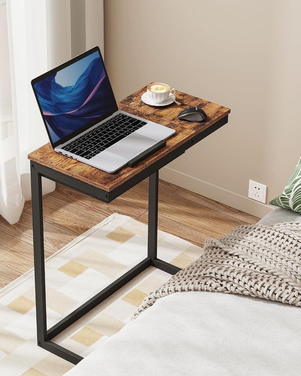 TUTOTAK C Shaped End Table, Tilting Laptop Stand Side Table, Under Couch Table for Living Room Bedroom, Brown TB01BB089