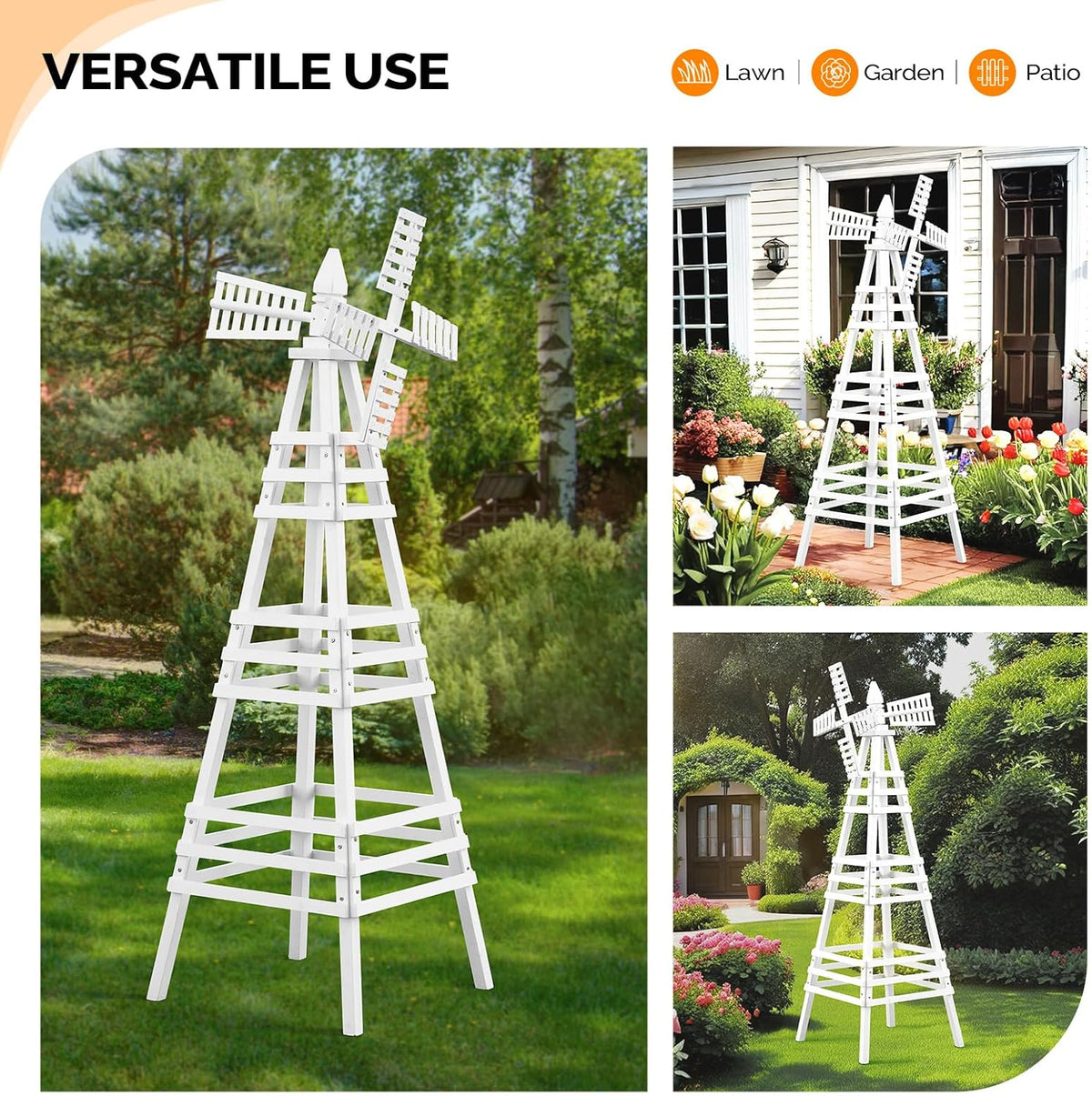 Wooden Windmill, Weather-Proof Wind Spinner, Outdoor Wind Mill for Garden Lawn Patio Decoration (White, Large)