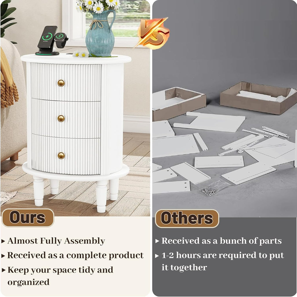 Mirightone Round End Table with Charging Station, Wood Side Table with Storage for Small Spaces, White Nightstand with 3 Drawers, Couch Side Cabinet Bedside Table for Living Room/Bedroom/Corner