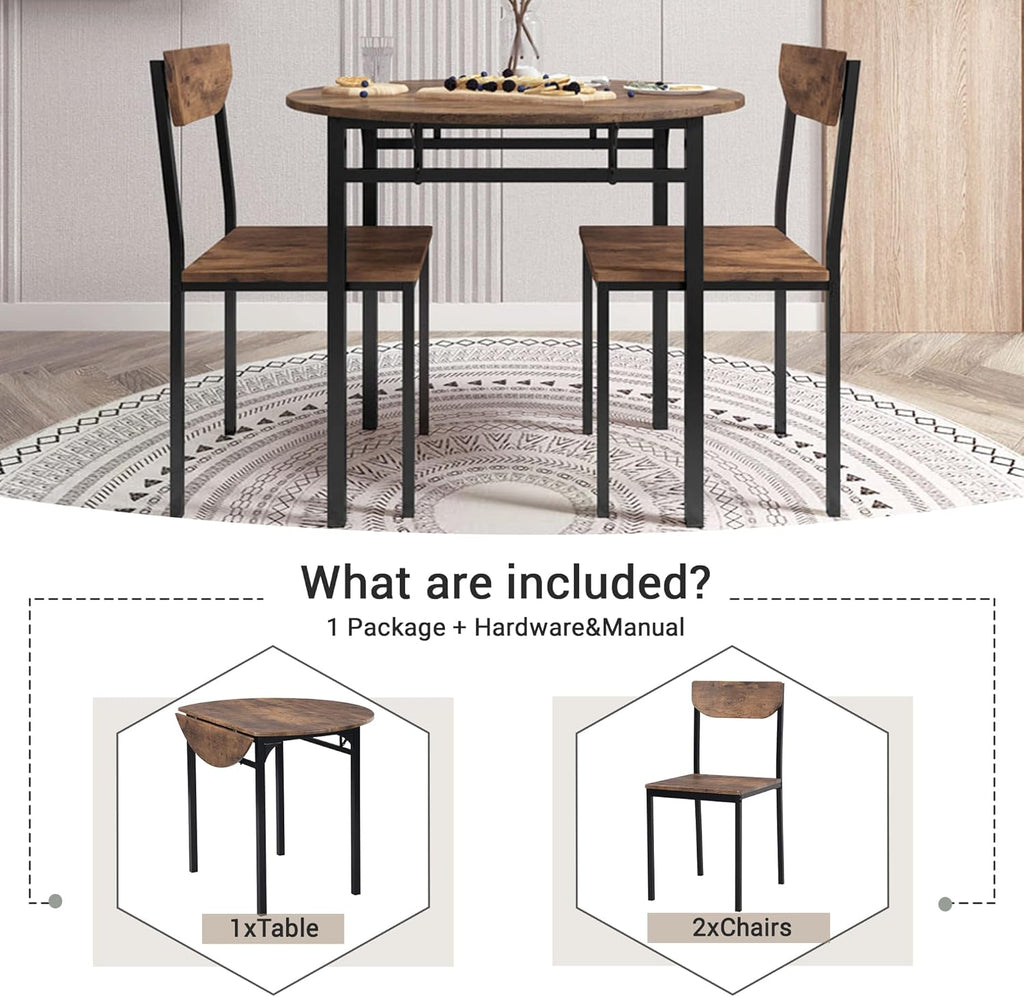 Merax 3-Piece Foldable Dining Table Set for 2 with Drop Leaf Tabletop and Two Chairs for Small Places, Kitchen, Living Room, Apartment, Rustic Brown