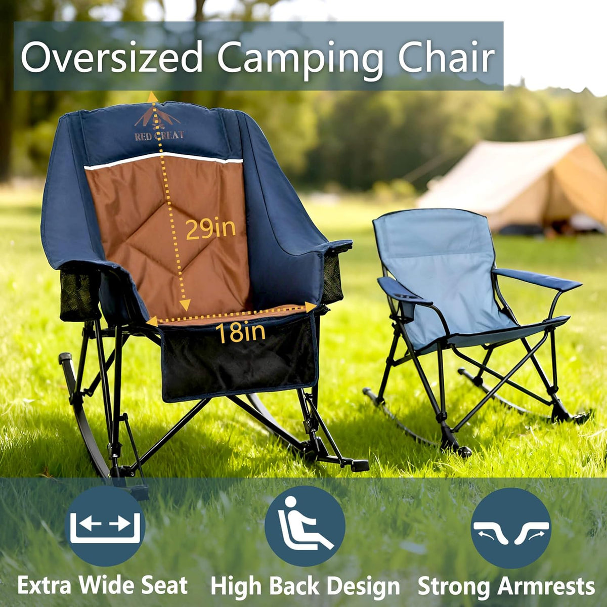 400lbs Rocking Camping Chair, Oversized Heavy Duty XL Folding Rocker for Adults, Padded High Back Big & Tall Support, with Cup Holders & Carry Bag for RV, Lawn, Patio & Sports