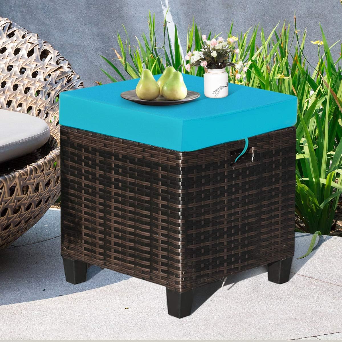 2PCS Patio Outdoor Ottomans, Rattan Wicker Ottoman Seat w/Removable Cushions, Rattan Footstool Footrest Seat, Patio Wicker Furniture Small Chair for Home,Patio, Garden, Backyard (Turquoise)