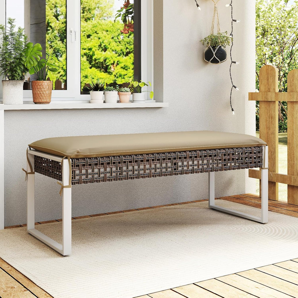 Tangkula Outdoor Ottoman, Patio Rattan Heavy Duty Wicker Footrest with Soft Cushion & Metal Frame, Extra Seating, for Porch, Backyard, Lawn and Poolside (1)