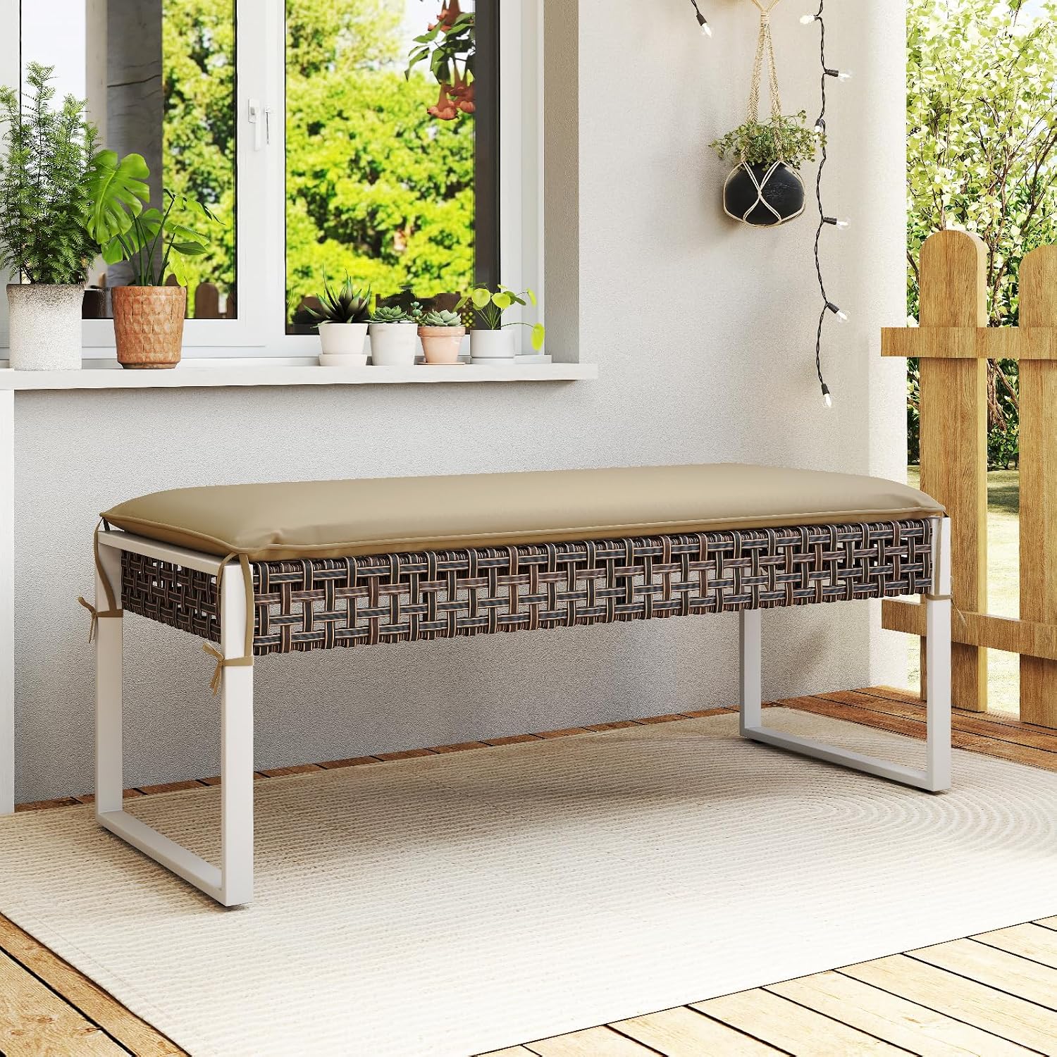 Tangkula Outdoor Ottoman, Patio Rattan Heavy Duty Wicker Footrest with Soft Cushion & Metal Frame, Extra Seating, for Porch, Backyard, Lawn and Poolside (1)