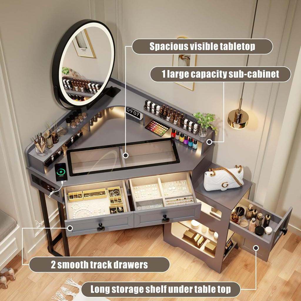 FREDEES Glass Top Makeup Vanity with Mirror and Lights | Corner Makeup Desk with Drawers and Shelves, Vanity Table with Charging Station and Stool for Bedroom/Cloakroom