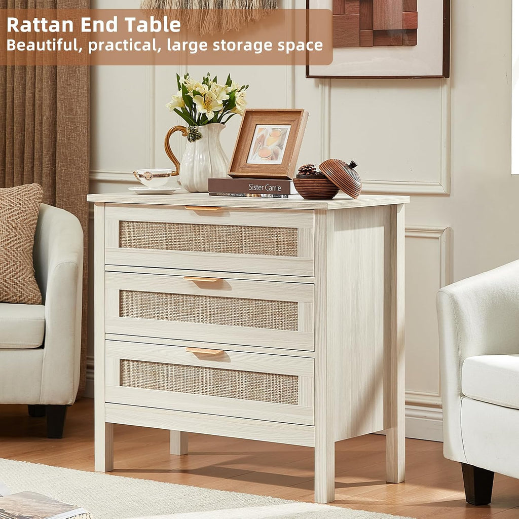 LEYAOYAO 31.5" Wide Rattan Nightstand, Large Boho 3 Drawer Night Stand | Grey White Bedside Table with Storage, Tall Bed Side End Tables for Bedroom, Living Room, Hallway