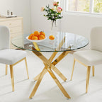 Zevemomo 35.5" Glass Dining Table for 4, Round Coffee Table with Tempered Glass Top Gold Mental Legs, Modern Circle Glass Dinner Kitchen Table for Apartment Home Office