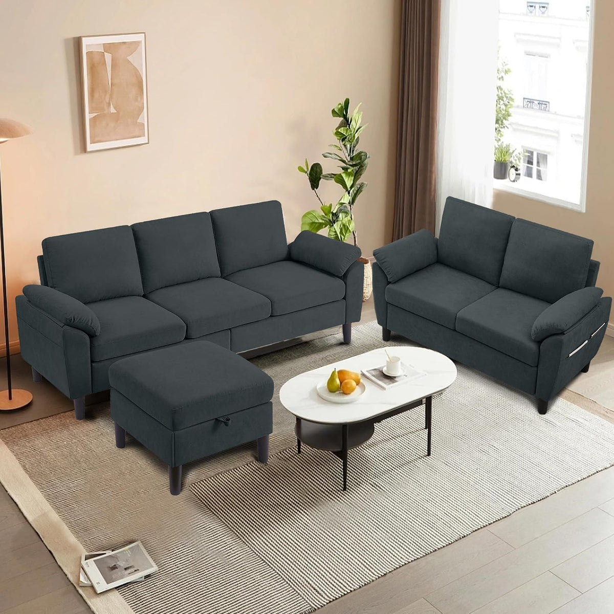 Convertible Sectional Sofa Set, 79" Modern L Shaped Couch and 57" Loveseat, Linen Upholstered 3 Seat Sofa with Storage Ottoman, Couches for Living Room, Apartment, Dark Grey