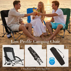 DUMOS Folding Camping Beach Chair, Lightweight Low Portable Beach Chair with Cup Holder, Storage Pocket, Breeze Mesh Back, Padded Armrests, Low Profile Chair for Camp, Picnic, Lawn, Sand, Black
