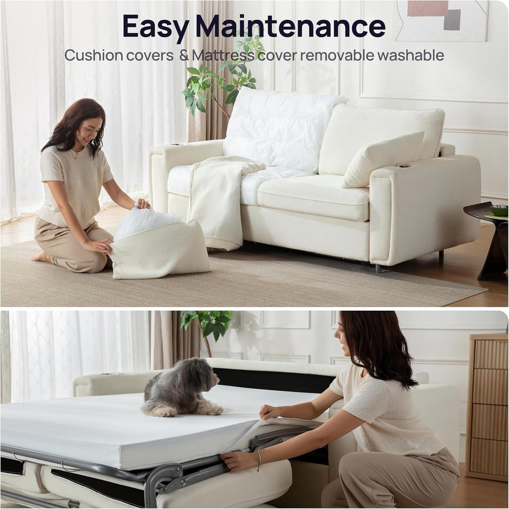 Pull Out Sofa Bed, No Cushion Removal, Queen Sleeper Sofa with USB Fast Charging, Memory Form Mattress, 2-in-1 Convertible Comfy Loveseat Couch Bed for RV, Apartment, and Small Spaces (White)