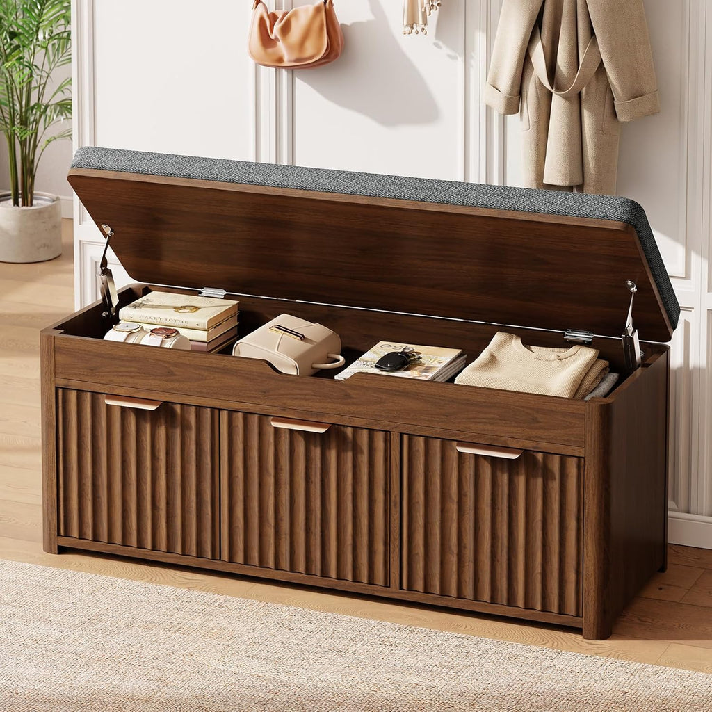 37.4" W Shoe Bench with Storage, Lift Top Entryway Bench, Walnut | 2-Tier Adjustable Shoe Rack with Cushioned Seat, Hidden Storage, Wooden End of Bed Bench for Bedroom, Living Room, Hallway