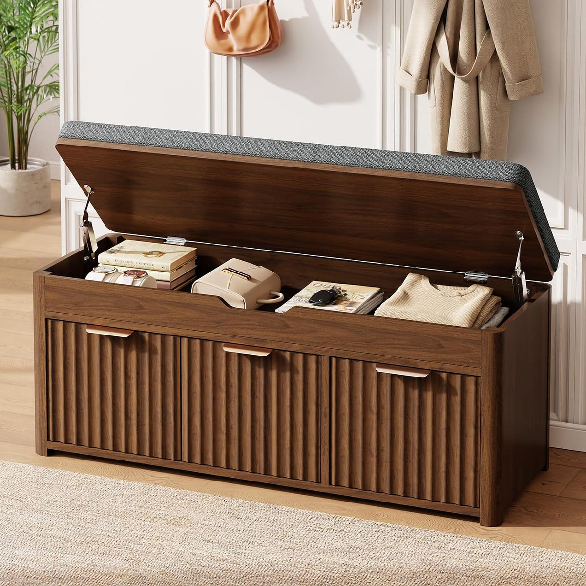 37.4" W Shoe Bench with Storage, Lift Top Entryway Bench, Walnut | 2-Tier Adjustable Shoe Rack with Cushioned Seat, Hidden Storage, Wooden End of Bed Bench for Bedroom, Living Room, Hallway