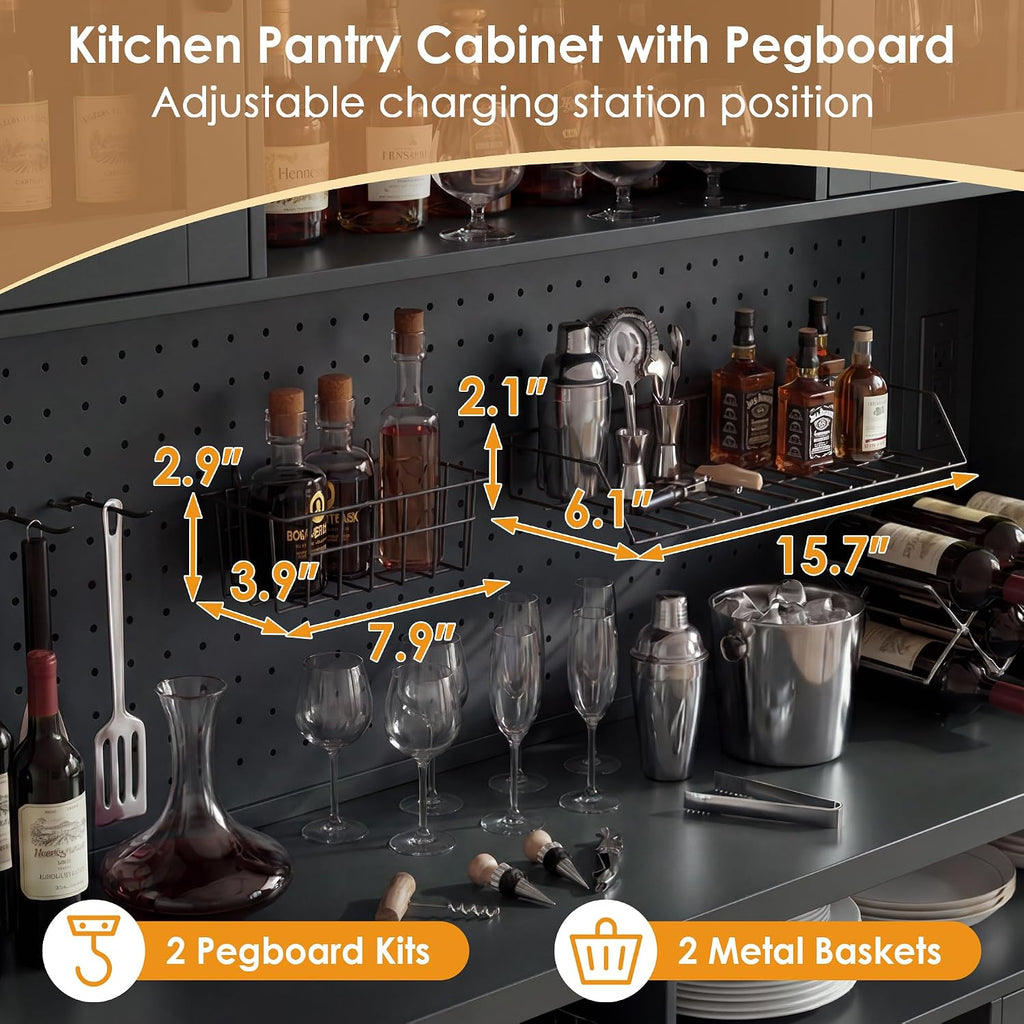 Large Coffee Bar Cabinet LED Wine Pantry Cabinet with Storage Hutch | 70.8" Freestanding Storage Cabinet with Charging Station, Adjustable Shelves, Wine Rack for Dining Room, Living Room, Black