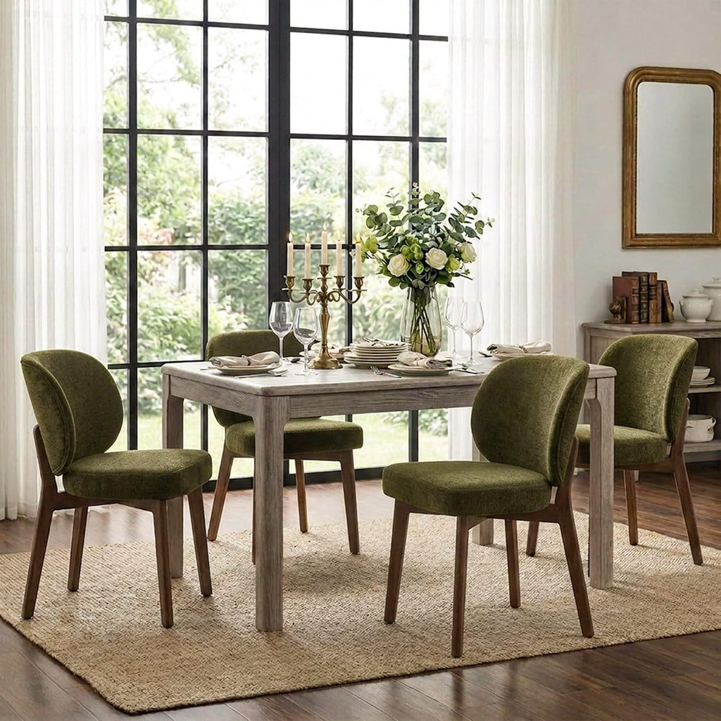 YOUNUOKE Upholstered Dining Chairs Set of 4, Modern Chenille Fabric Dining Room Chair with Wood Legs, Widen Backrest Comfy Armless Side Kitchen Chairs, Green