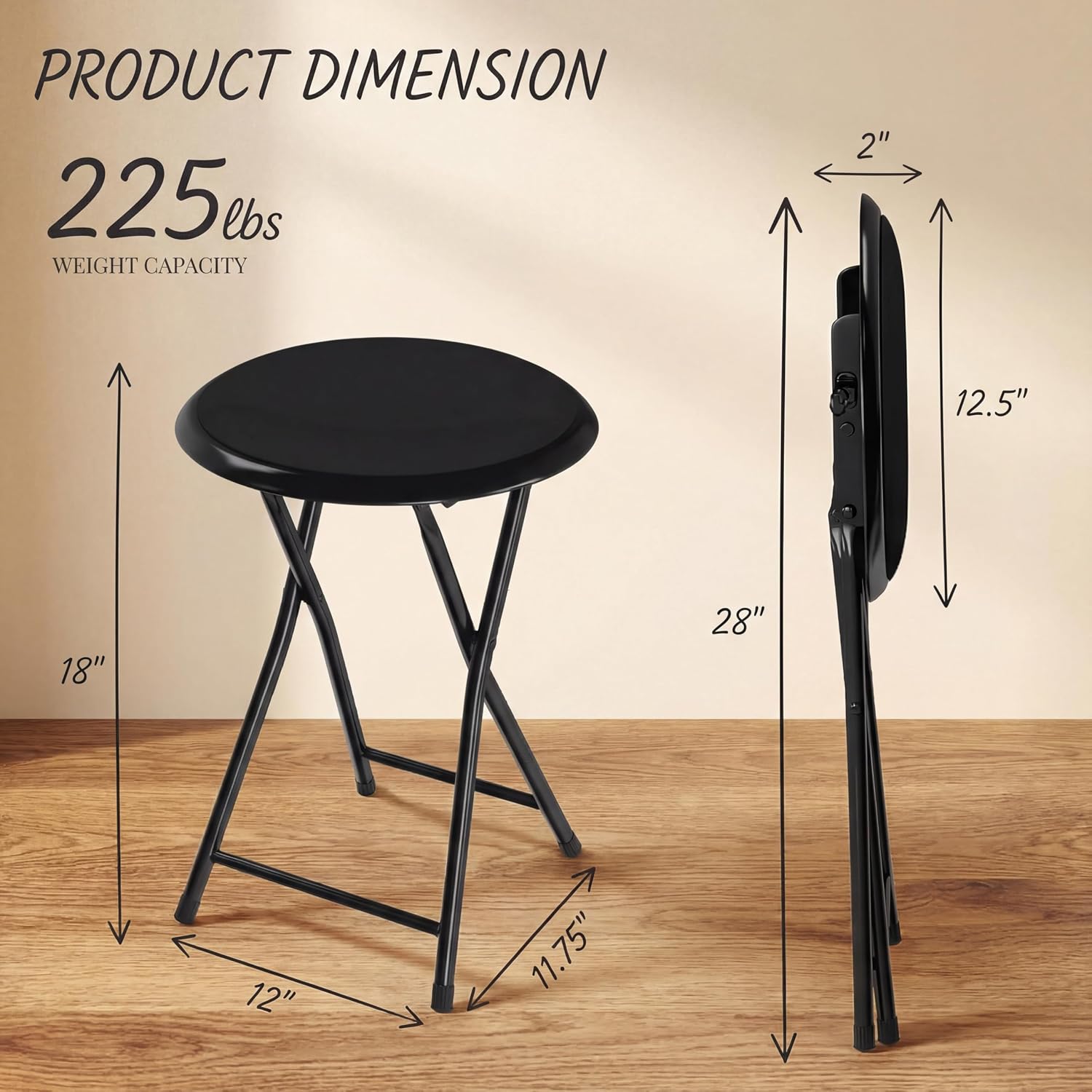LeTinn 1-Pack Folding Bar Stools, 18-Inch Heavy-Duty Stools with Padded Seats - 225lb Capacity, Steel Frame & PVC Cover for Kitchen, Dorm, Game Room, Portable Indoor Stools (Black)