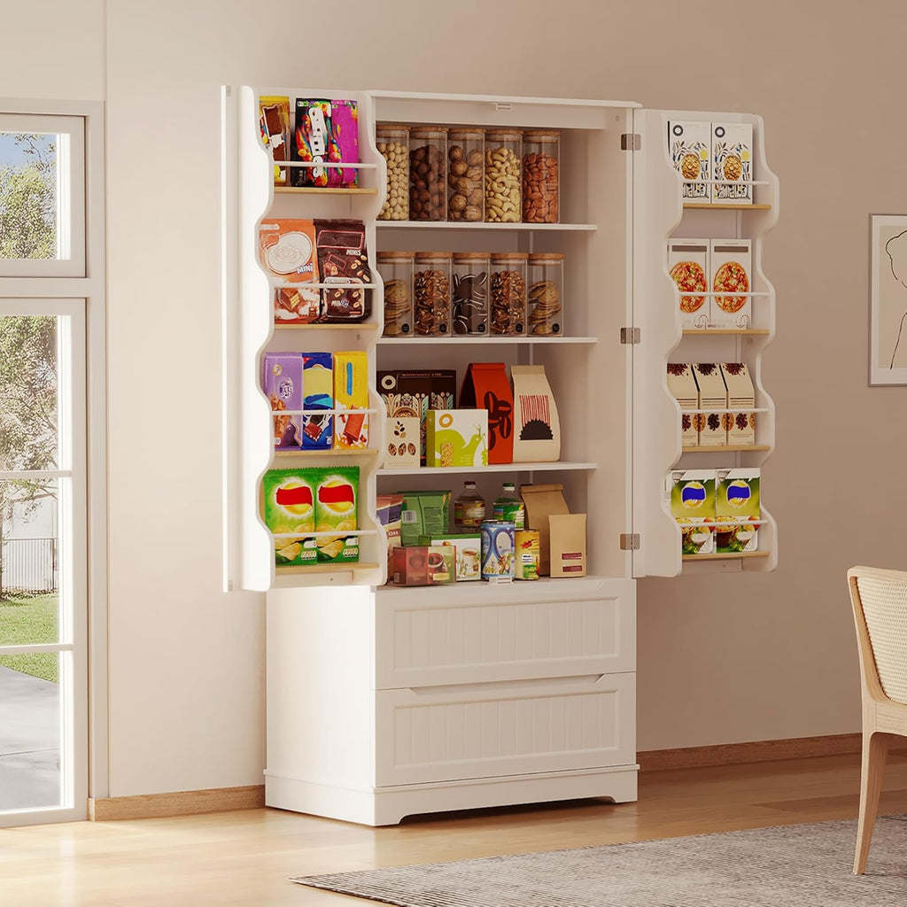 Gizoon 71" Tall Kitchen Pantry Cabinet with Drawers for Dining Room, Food Pantry Storage Cabinet with 8 Doors Shelves for Snack and Spice, Large Craft Storage Cabinet for Craft Room, White, Painted