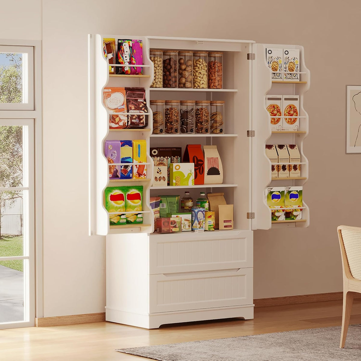 Gizoon 71" Tall Kitchen Pantry Cabinet with Drawers for Dining Room, Food Pantry Storage Cabinet with 8 Doors Shelves for Snack and Spice, Large Craft Storage Cabinet for Craft Room, White, Painted
