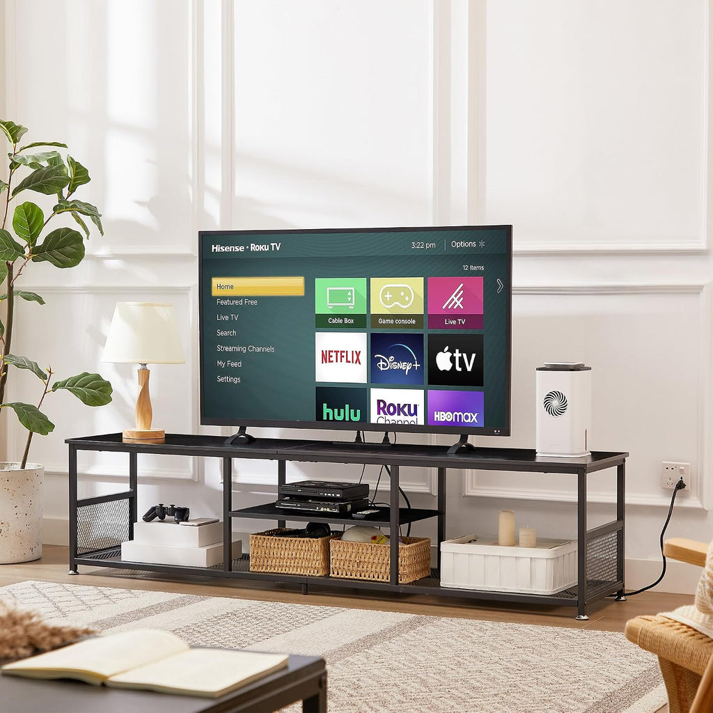 VECELO TV Stand with Power Outlets for Televisions up to 80Inch, 70" Media Entertainment Center with Charging Station 3-Tier Open Storage Shelves with Metal Frame for Living Room/Bedroom，Black