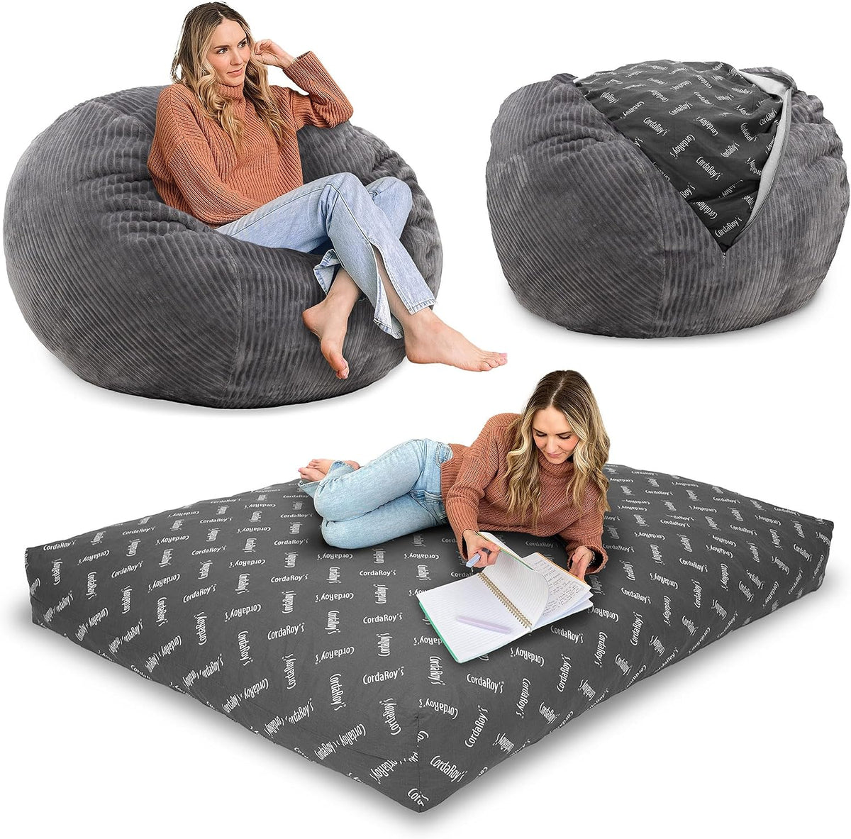 CordaRoy's Plush Bean Bag - Convertible Bean Bag Chair - Machine-Washable Plush Fabric Cover - for Basement, Living Room, Game Room, Dorm & More - Full Size - Grey | Made in The USA