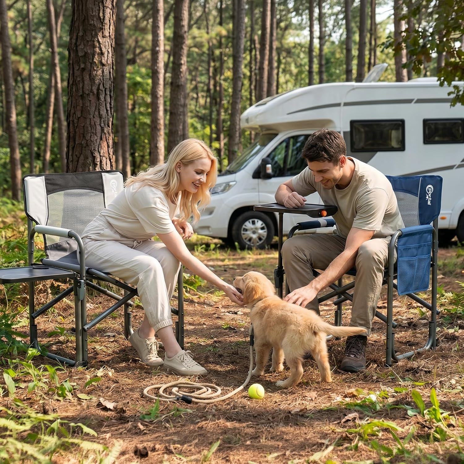 Portal Folding Director Chair with 2-Way Rotating Side Table, Heavy Duty 300 lb Camping Chair with Swivel Tray & Cup Holder, Ergonomic Mesh Back Portable Outdoor Seat for RV, Tailgating & Lawn, Blue