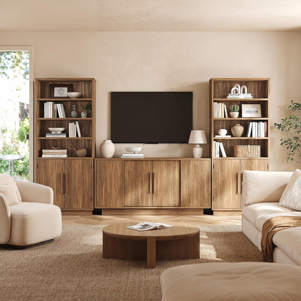 ModernMate 63'' Sideboard Buffet Cabinet with 4 Sliding Doors, Wood Credenza Storage Cabinet with Pedestal Base, Large Side Board with Adjustable Shelf for Living Room, Kitchen, Hallway, Walnut