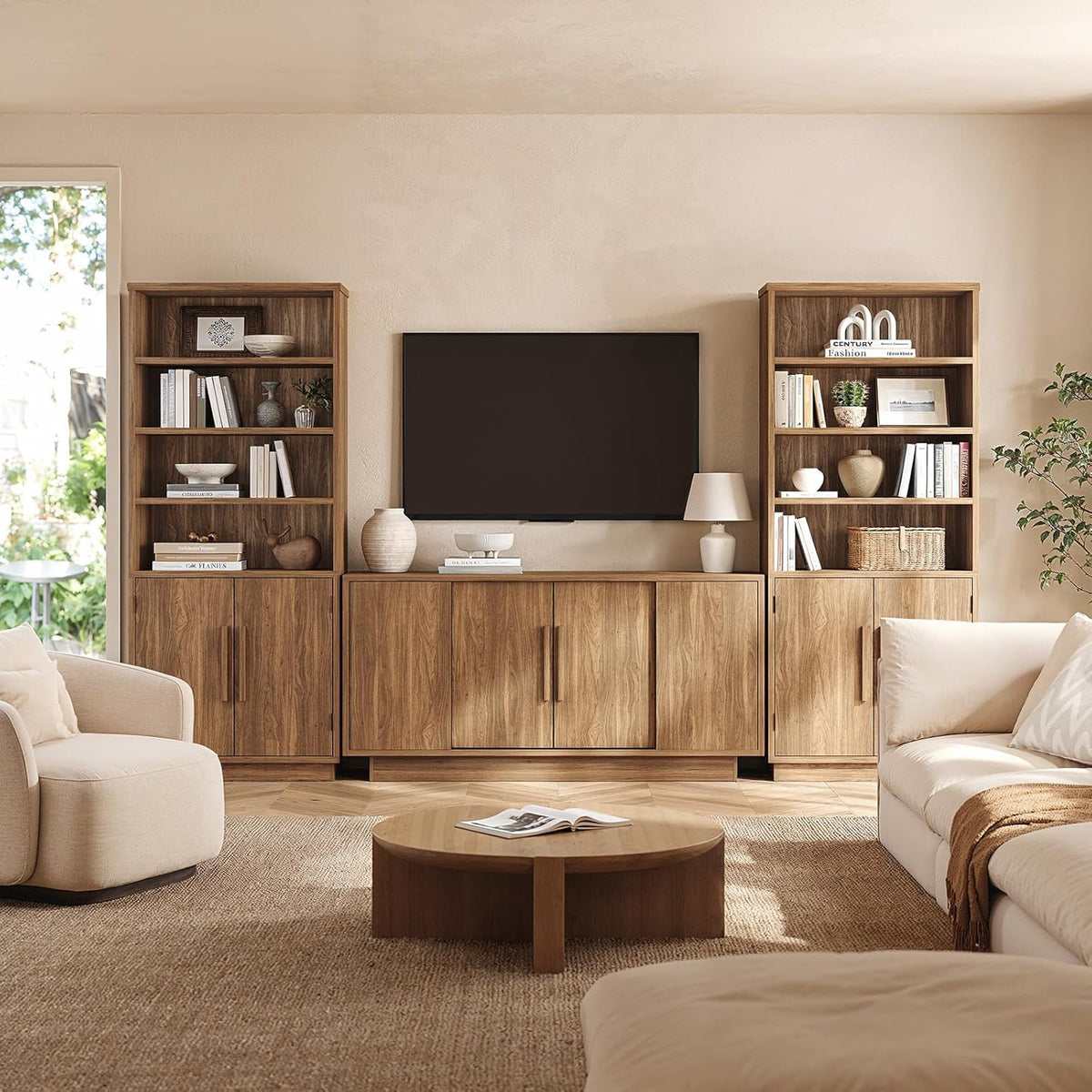 ModernMate 63'' Sideboard Buffet Cabinet with 4 Sliding Doors, Wood Credenza Storage Cabinet with Pedestal Base, Large Side Board with Adjustable Shelf for Living Room, Kitchen, Hallway, Walnut