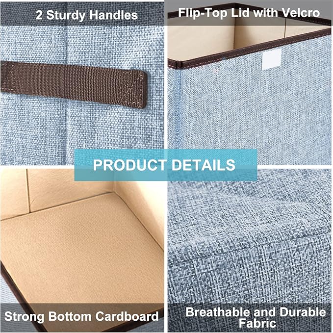 Foldable Storage Bins with Lids, Decorative Storage Baskets, Large Storage Boxes for Home, Office, Bedroom, Closet, Blue, Medium, 4 Pack 14.6 x 9.5 x 9.5”