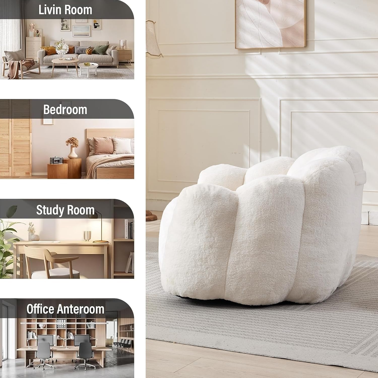 Bean Bag Chair for Adults, Floral Shaped Bean Bag Single Sofa, Ultra Soft Faux Fur Floor Sofa, Oversize Reading Chair for Living Room,Bedroom, Study, Beige,