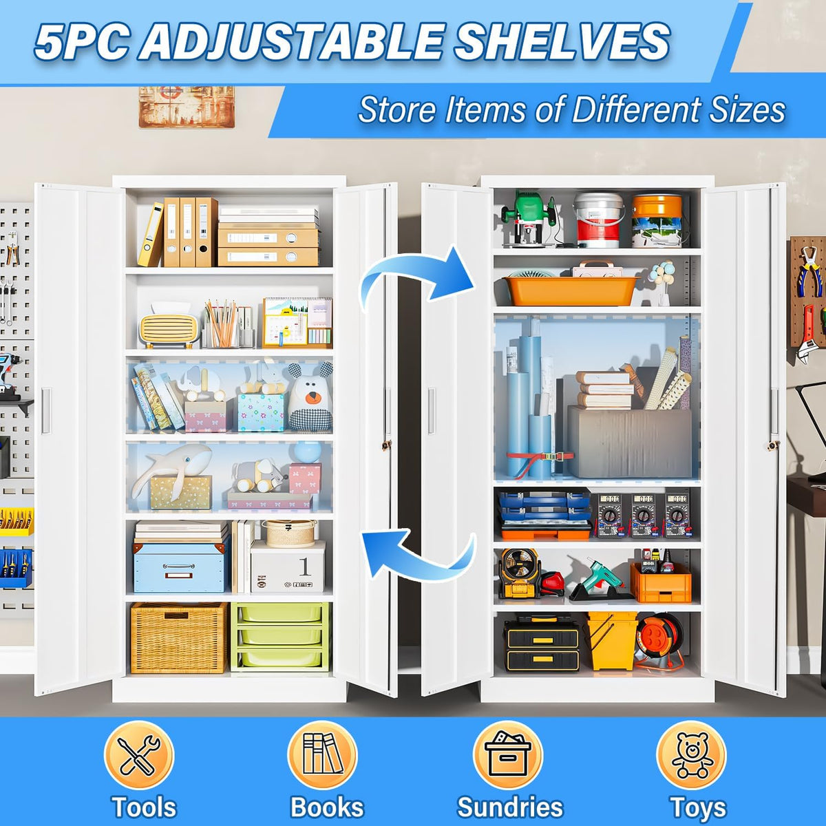 BESFUR Metal Storage Cabinets with Locking Doors and Adjustable Shelves, 71" H Steel Storage Cabinet for Garage, Office, Classroom - White