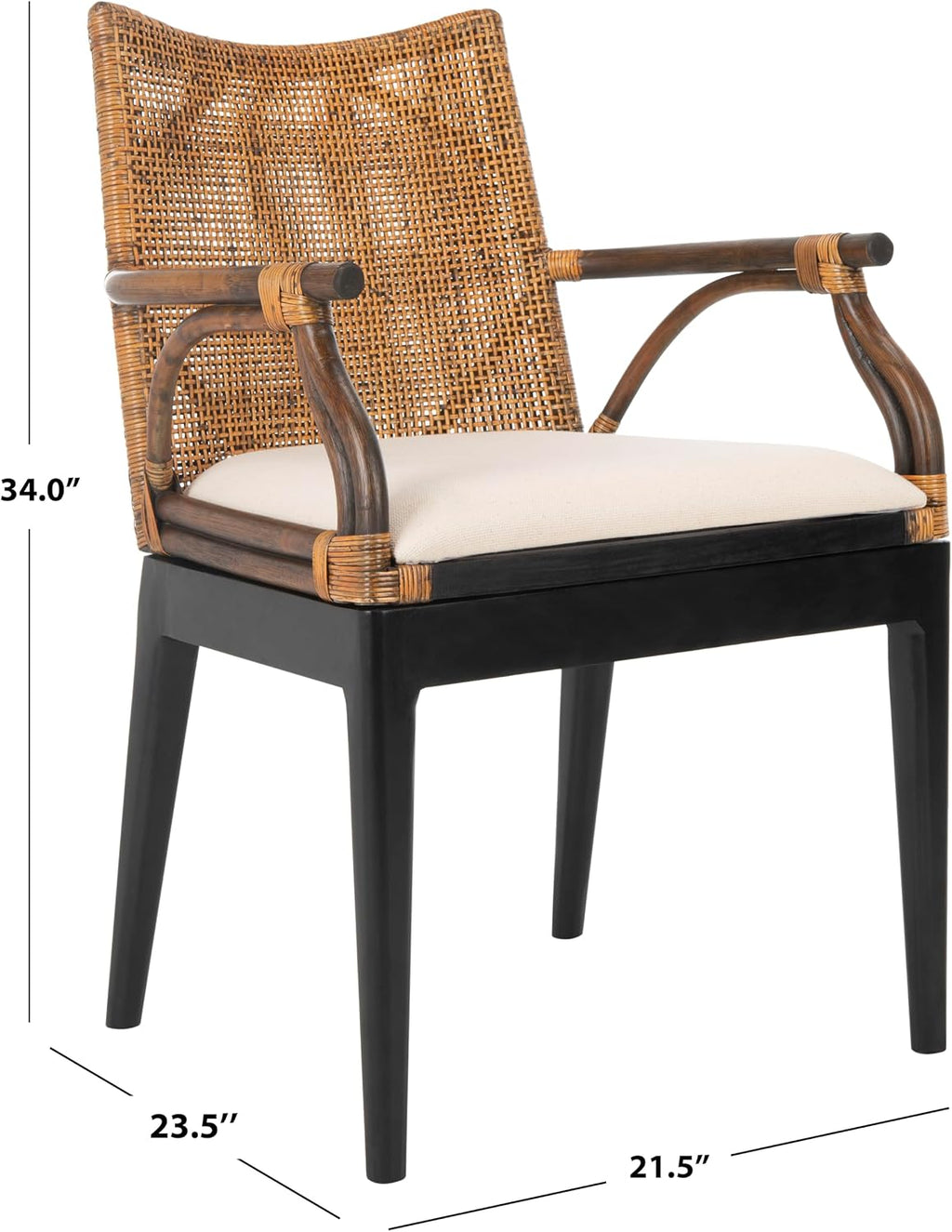 SAFAVIEH Gianni Rattan Arm Chair 19.8”, Solid Wood Brown & Black SEA4011A | Hand-Woven Rattan Back, Solid Mahogany Frame, Foam-Filled Cotton Seat, Easy Assembly, Indoor Use