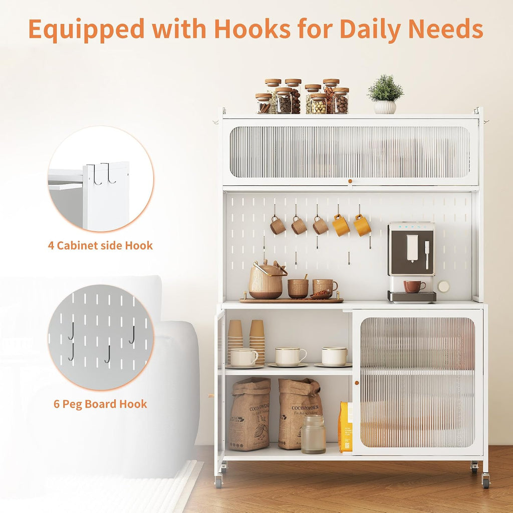 Kitchen Pantry Cabinet Tall Storage Cabinet with Glass Doors & Adjustable Shelves White Modern Cupboard for Kitchen Living Room Dining Room