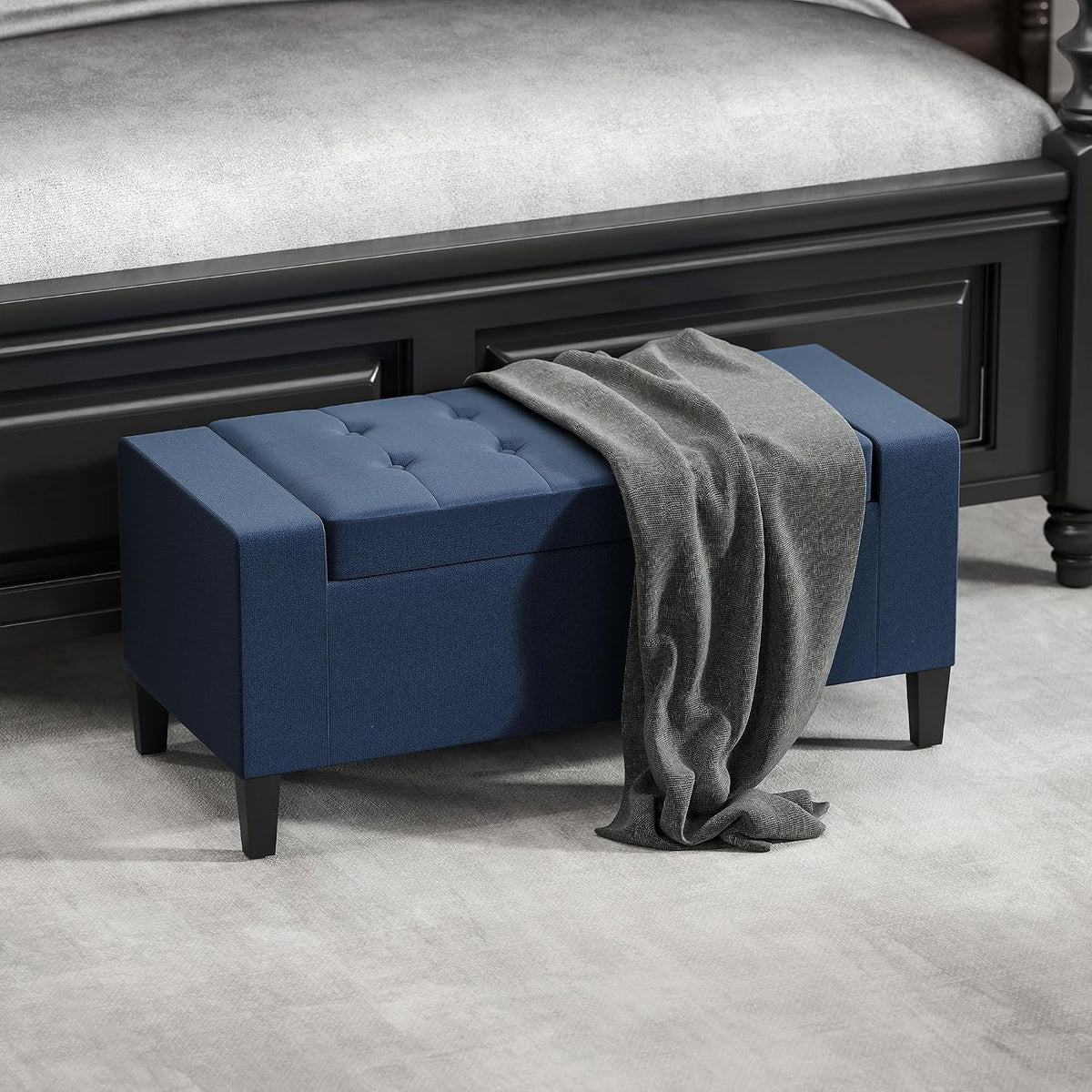 HOMCOM 36" Ottoman with Storage, Lift Top Rubberwood Legs 330 lb Dark Blue | Storage Ottoman Bench, Linen Upholstered Entryway Seat, Living Room, Bedroom