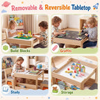 Costzon 4 in 1 Kids Table and Chairs with Building Blocks (Natural) | Wooden Toddler Activity Table Set w/ Detachable Graffiti Tabletop, Blackboard and Storage Drawers for Play, Arts & Crafts