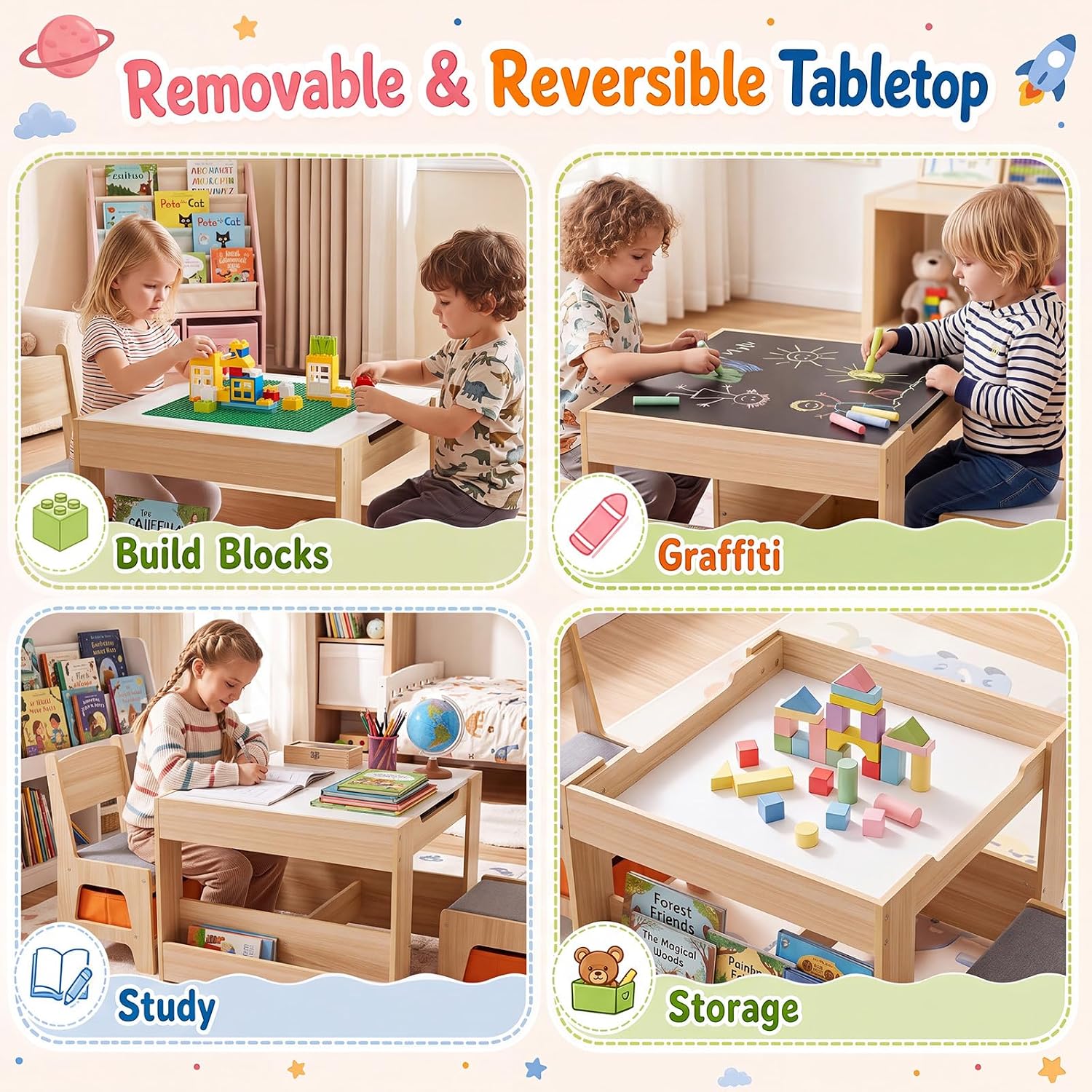 Costzon 4 in 1 Kids Table and Chairs with Building Blocks (Natural) | Wooden Toddler Activity Table Set w/ Detachable Graffiti Tabletop, Blackboard and Storage Drawers for Play, Arts & Crafts