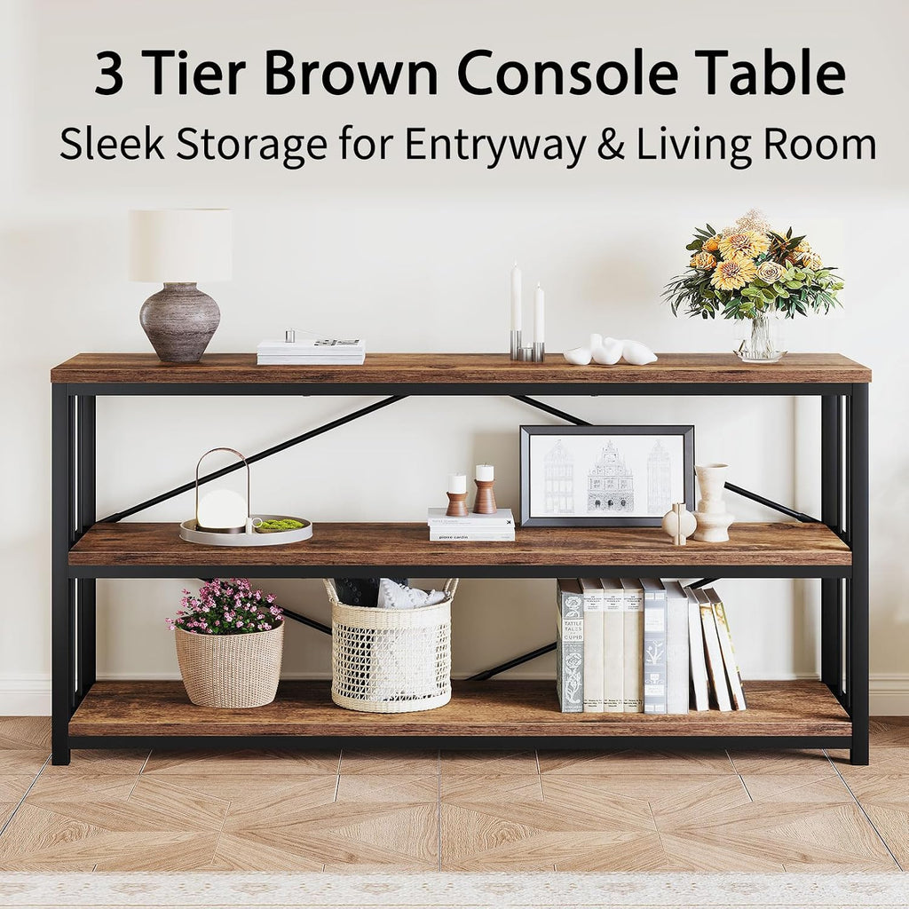 LVB Farmhouse Industrial Console Table for Home, Rustic Brown, 70 Inch | Wood Metal Foyer Entryway Sofa Tables with Storage, 3 Tier Long Rustic Entry Table TV Stand with Shelves for Living Room