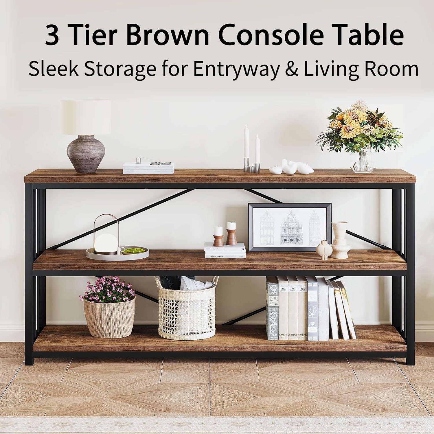 LVB Farmhouse Industrial Console Table for Home, Rustic Brown, 70 Inch | Wood Metal Foyer Entryway Sofa Tables with Storage, 3 Tier Long Rustic Entry Table TV Stand with Shelves for Living Room