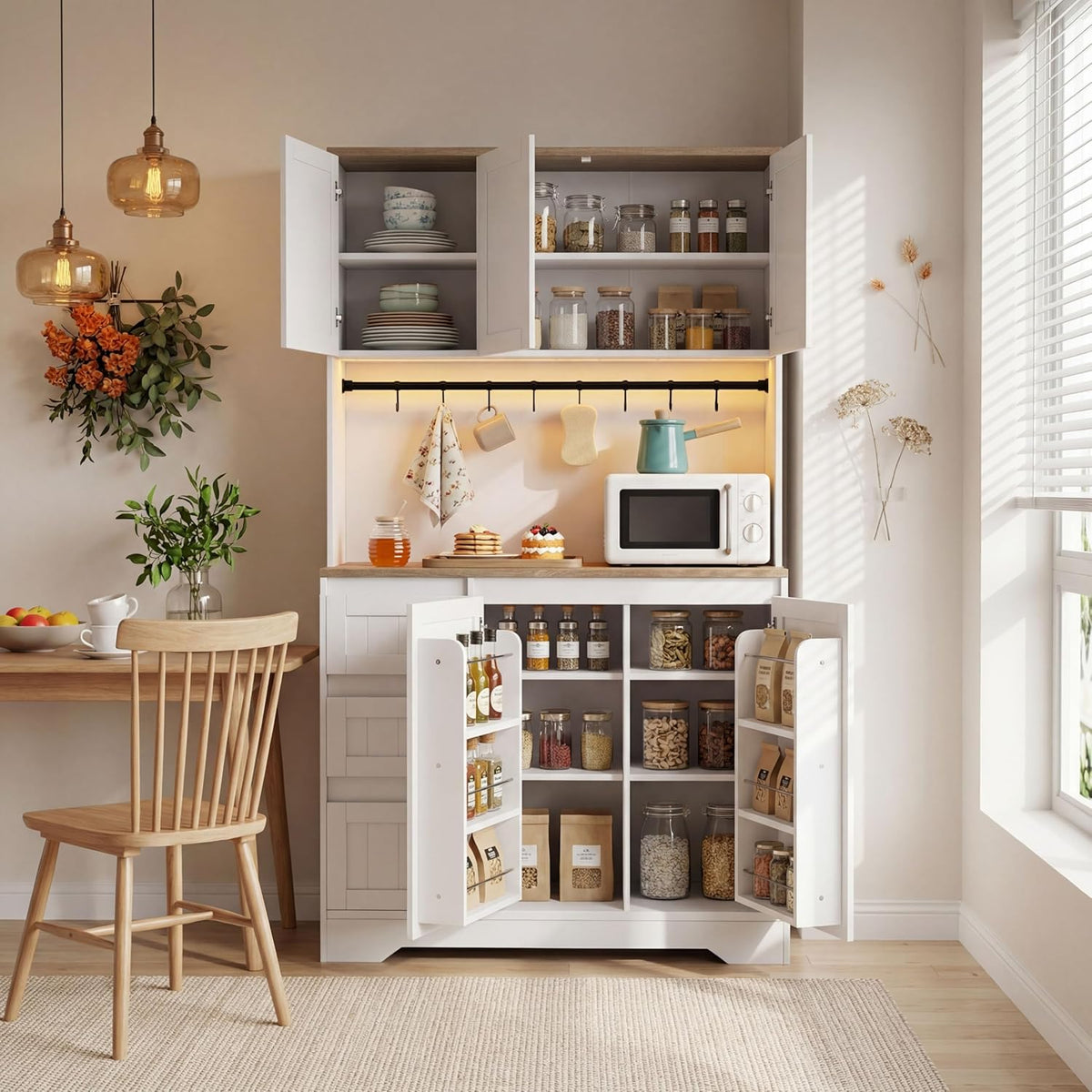 70.8" Tall Kitchen Pantry Cabinet with Adjustable Shelves, Farmhouse Kitchen Hutch with 5 Doors and 3 Drawers, LED Pantry Storage Cabinet with Charging Station for Dining Room, White