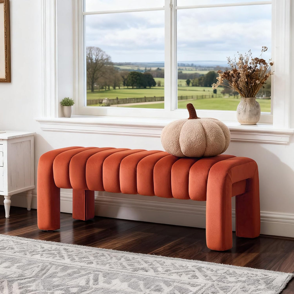 63’’ Bench for Dining Table, Upholstered End of Bed Bench with Solid Wood Legs, Modern Small Entryway Bench with Full Covered Fabrics for Bedroom, Kitchen, Living Room (Rust, Velvet)