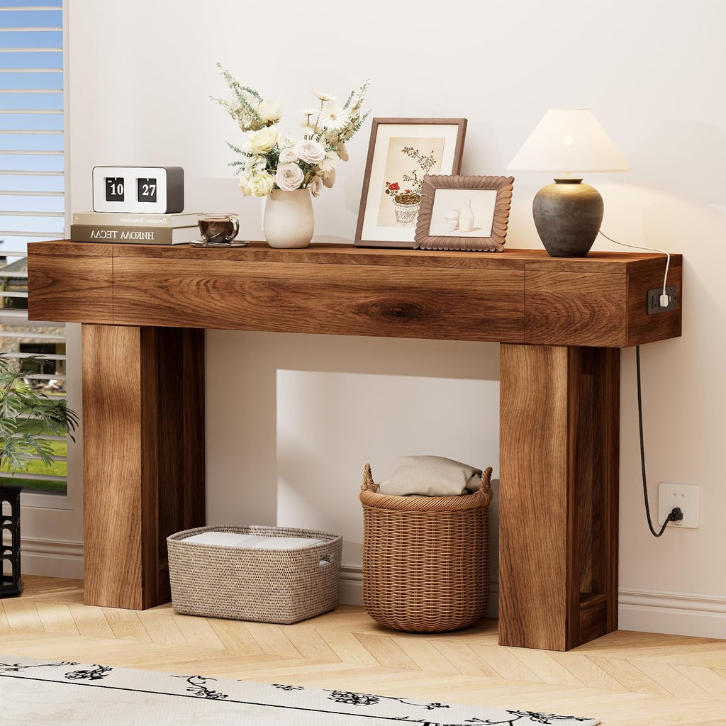 63 Inch Long Console Table w/Outlets & USB Ports, Narrow Rectangular Sofa Table Behind The Couch, Farmhouse Entryway Table for Entrance, Hallway, Living Room(Brown with Outlet)